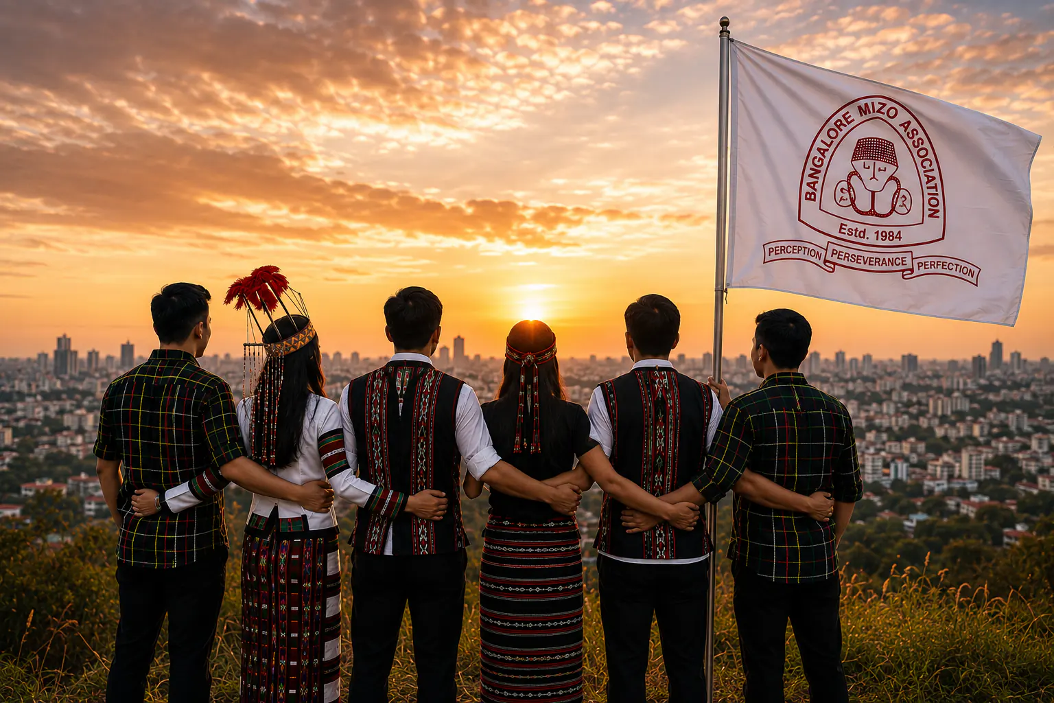 Members of the Bangalore Mizo Association in traditional Mizo dress, arm in arm above the Bangalore skyline at sunset, with the BMA flag.